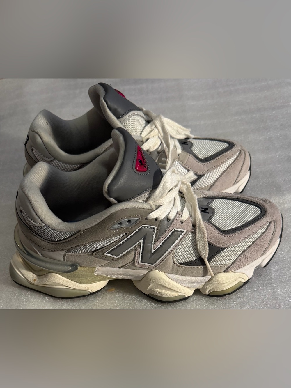 New Balance 9060 Gray, White & Taupe Chunky Lace-Up Sneakers - Picture 3 of 8